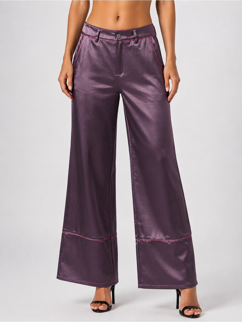 AKIRA Purple Satin Wide Leg Pants Pink Piping High Rise S M NWT
